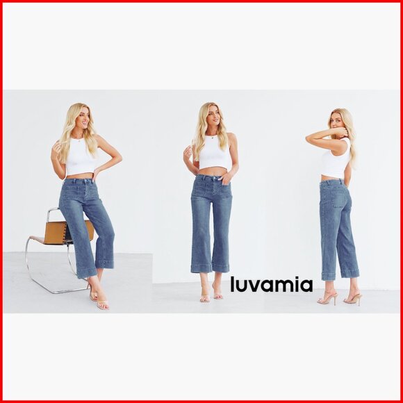High Waisted Wide Leg Cropped Jeans Stretchy Flare Denim Pants - Picture 7 of 7